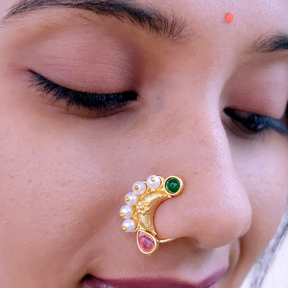 The Kanha Store Red Green Meenakari Pearl Latkan Nosering – 3 inch Length  Nath with Attached Chain