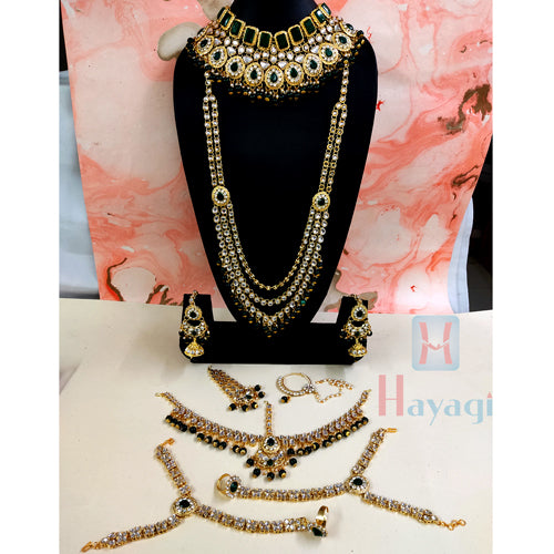 Buy The Opal Factory Metal Gold Plated AD, CZ Bridal Dulhan Jewellery Set  Heavy Choker, Crystal Long Necklace, Earrings, Maang Tikka, Mathapatti with  Borla Peacock Nathiya, Ring Payal for Women Online at