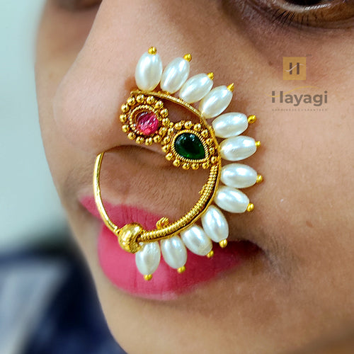24-ct gold-plated marathi red stone studded nose pin with pearls - Adwitiya  - 4179409