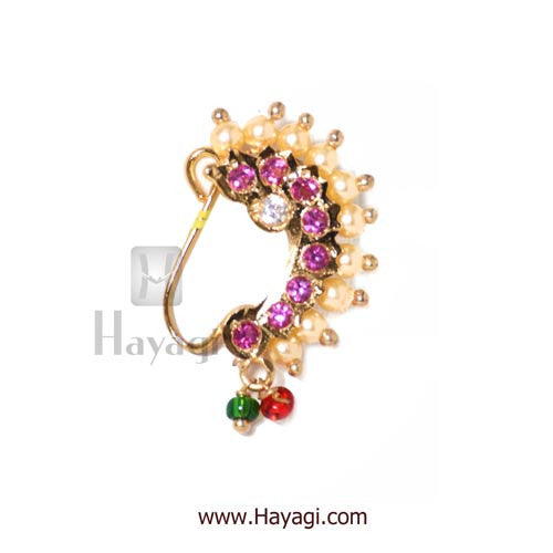 Gold Plated Maharashtrian Nath Nose Pin Red & Green Colour with Pearls –  Digital Dress Room