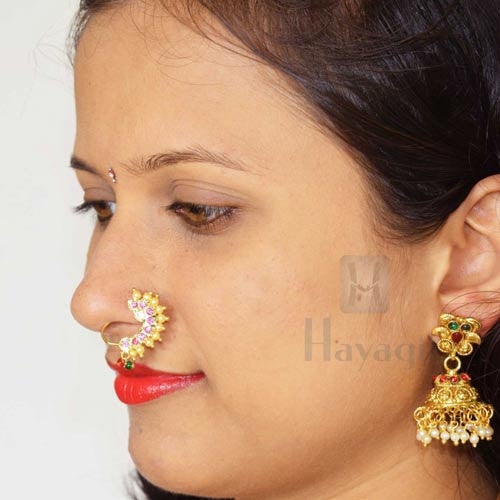 Gold Look Red Stone & Pearl Studded Marathi Nose Ring - Sanvi Jewels Pvt.  Ltd. - 2624419